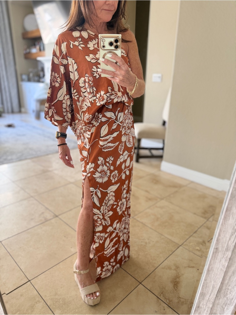 Rust Floral Maxi Dress with Side Slit and Relaxed Fit - Picture 1 of 13
